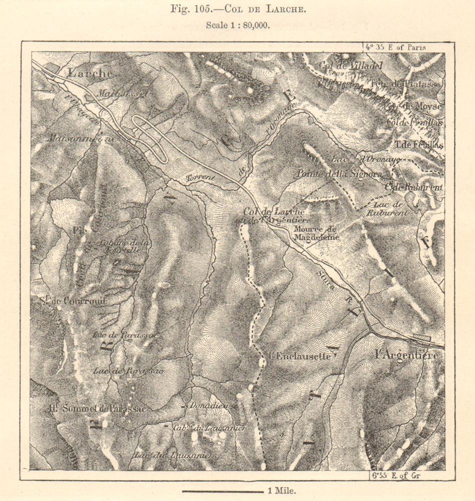 Col de Larche Maddalena Pass Argentera Alpes-de-Haute-Provence. Sketch map 1885